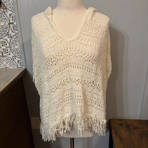 NWT American Eagle Off-White Cream Hooded Crochet Poncho w/ Fringe (Women's M)‎